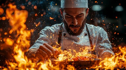 A chef flambÃ©ing a dish for dramatic effect on a cooking game show, masterpiece, ultra realistic, 8k, best quality, isolated on a theatrical studio background