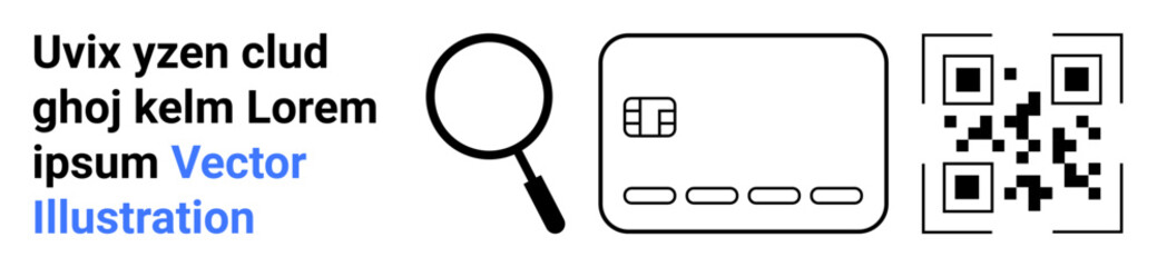 Magnifying glass, credit card, and QR code suggesting inspection, digital payments, and technology use. Ideal for e-commerce, financial services, security, tech innovation data verification