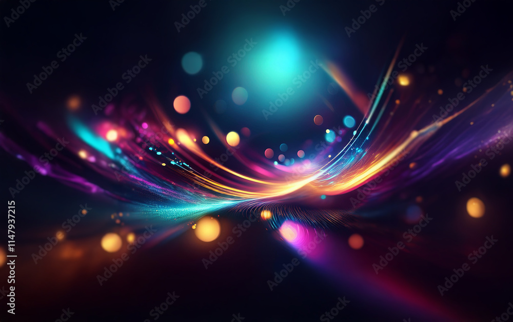 Aufkleber abstract art with vibrant streaks of light and color against a dark background with scattered bokeh.