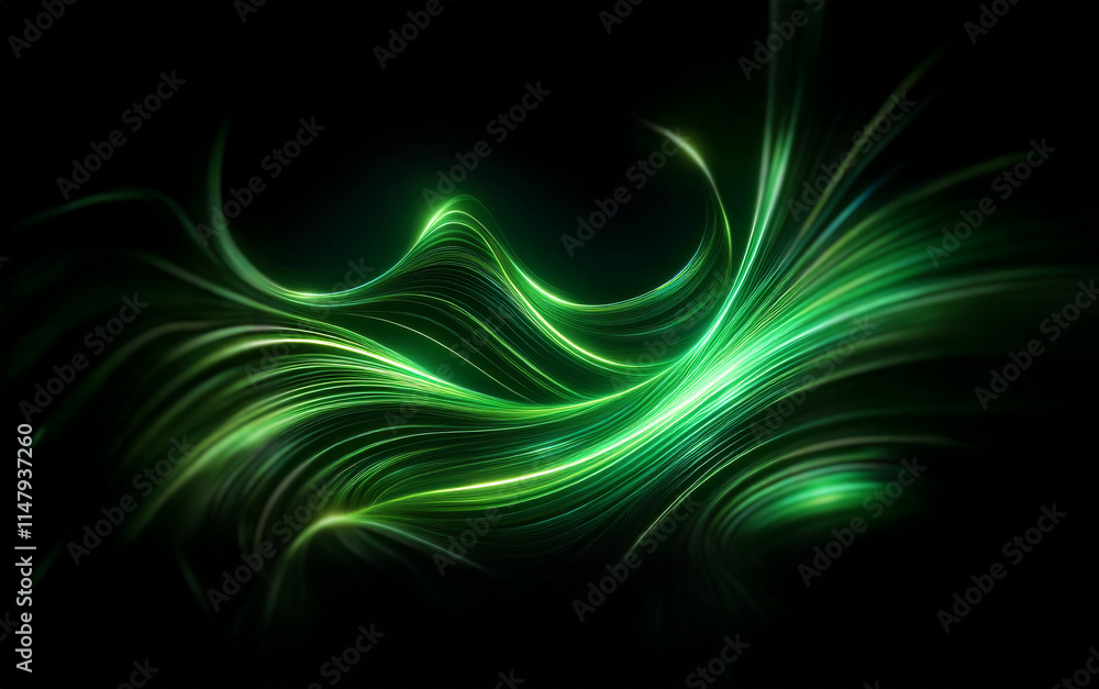 Poster abstract digital art with vibrant green glowing lines in a wave-like formation against a black backg