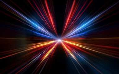 Abstract symmetrical light streaks in red, blue, and orange, radiating from a central point against a black background.