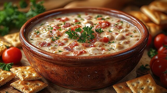 A bowl of creamy clam chowder served with crackers, masterpiece, ultra realistic, 8k, best quality, isolated on a beige background