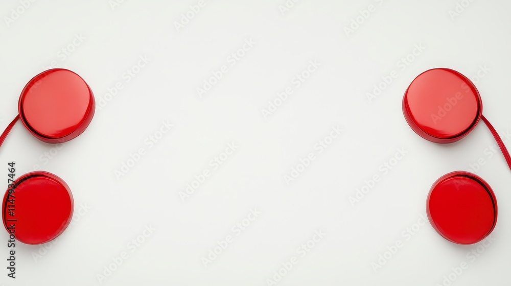 Poster two red circular objects on a white background, connected by thin cords, creating a minimalist and m