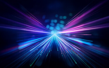 Obraz premium Abstract glowing streaks of light in blue and purple converge in the center, radiating out to the edges on a dark background.