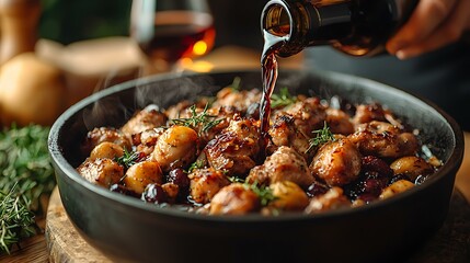 A chef pouring wine into a simmering pot of coq au vin, masterpiece, ultra realistic, 8k, best quality, isolated on a warm kitchen background