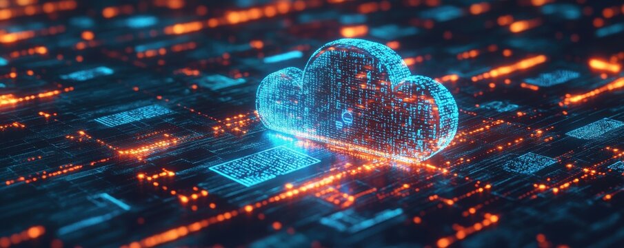 A futuristic web hologram depicting digits and codes with a cloud icon. Abstract motion of digital data flow. Stock photo.
