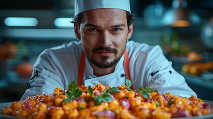 A chef scrambling to plate their food in the final seconds of a cooking challenge, masterpiece, ultra realistic, 8k, best quality, isolated on a colorful cooking competition set