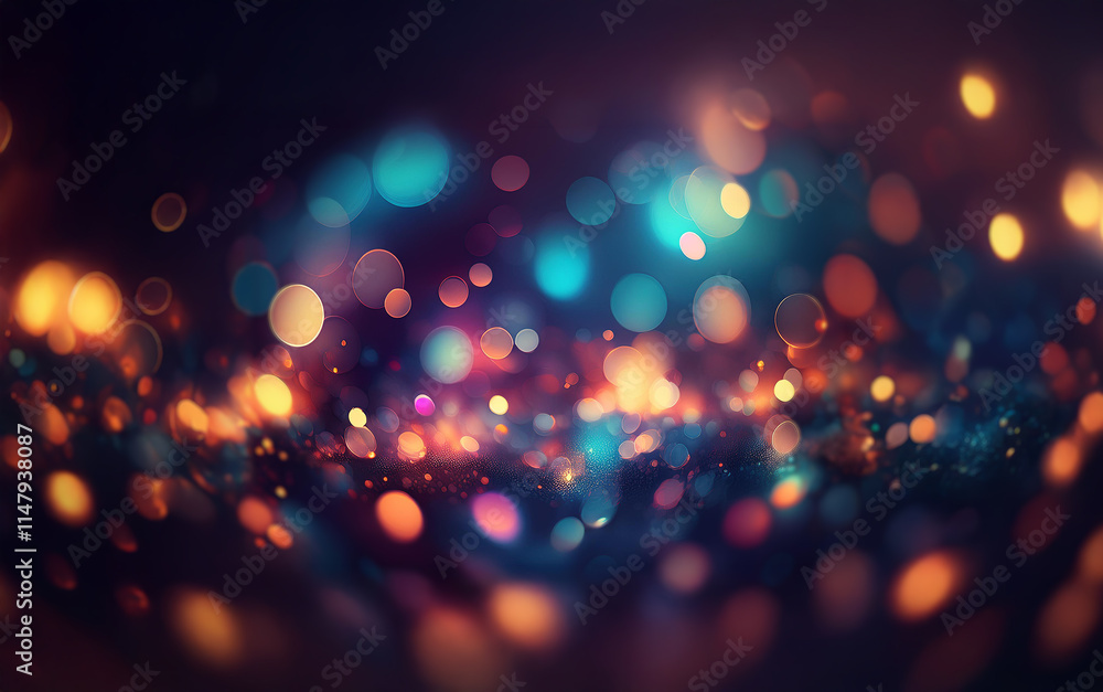 Poster A dark background with an out-of-focus display of brightly colored, glowing, round lights.