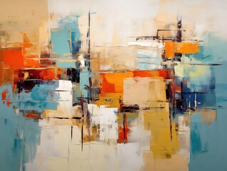 Abstract painting with textured brushstrokes in orange, teal, beige, and brown hues.