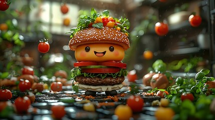 A chef stacking ingredients into a towering burger during a cooking challenge, masterpiece, ultra realistic, 8k, best quality, isolated on a playful competition set