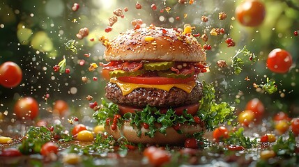 A chef stacking ingredients into a towering burger during a cooking challenge, masterpiece, ultra realistic, 8k, best quality, isolated on a playful competition set