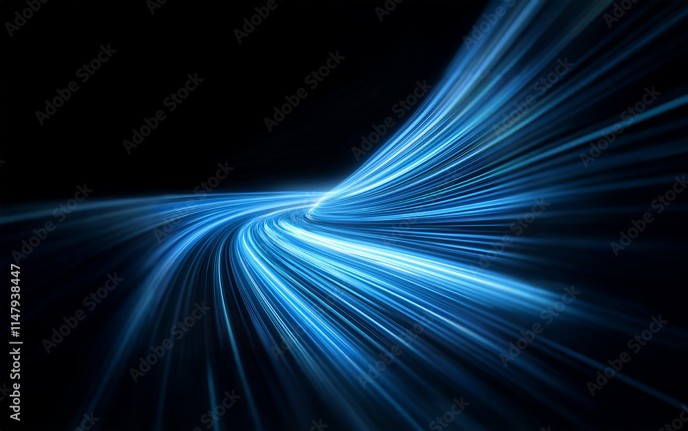 Poster abstract blue light streaks curve and twist, creating a dynamic, futuristic visual.