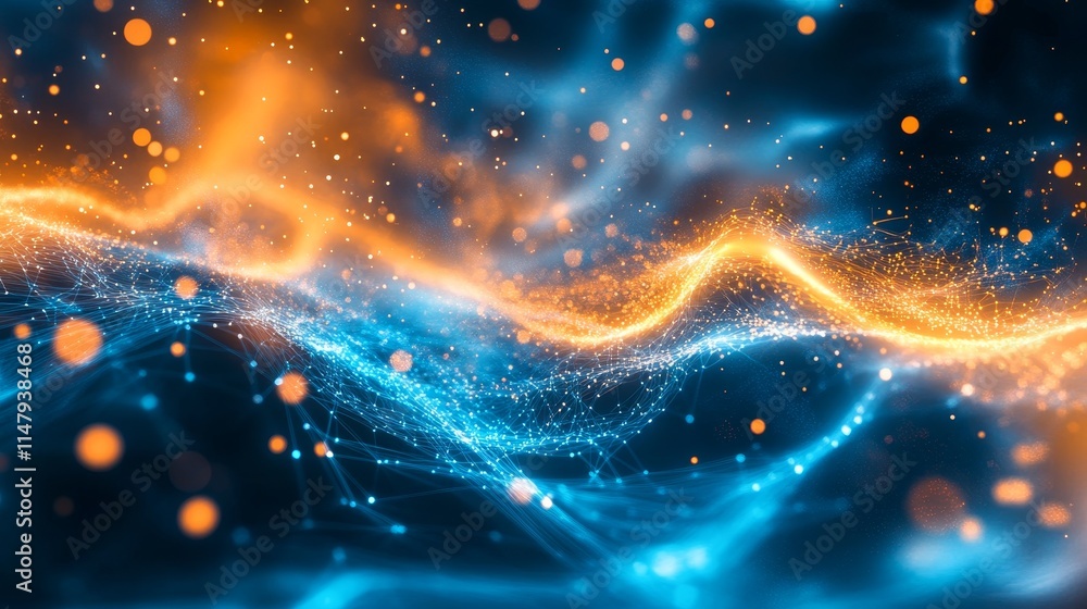 Poster abstract visualization of vibrant blue and orange flowing waves with luminous particles creating a d