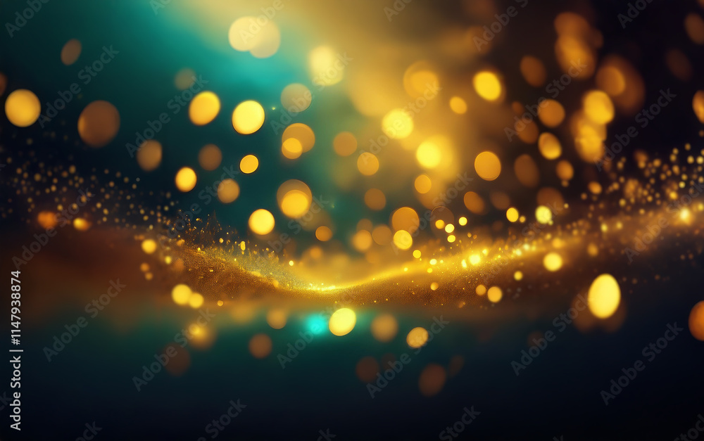 Poster a dark background with a golden wave of sparkling lights and blurred bokeh.