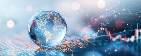 A glass globe with the world inside, placed on top of an abstract stock market graph in blue tones The background is white and features a line chart going up