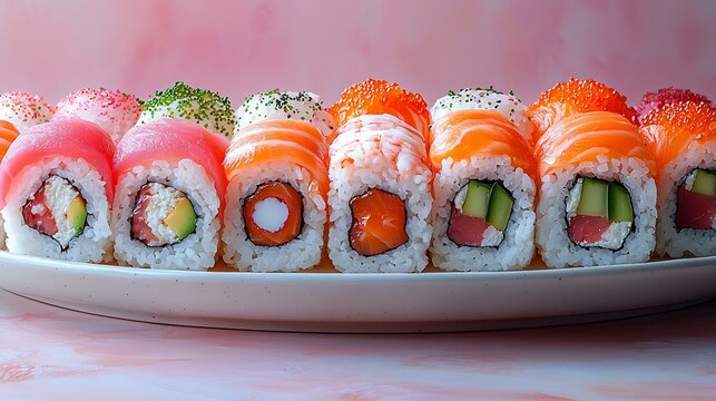A platter of assorted sushi rolls, isolated on a soft pastel background