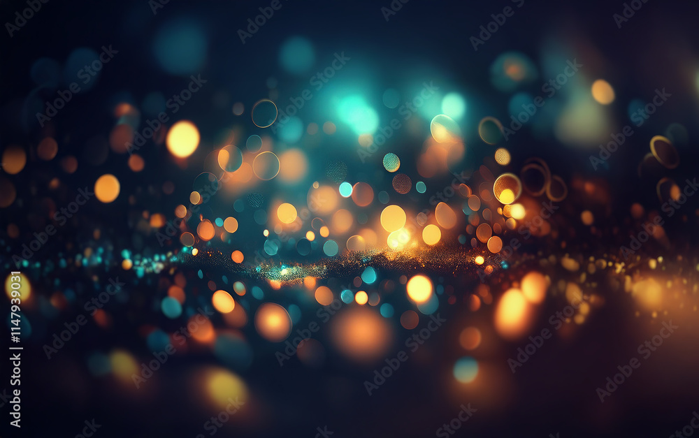 Poster a dark background with a blurred and shimmering layer of golden and teal lights.