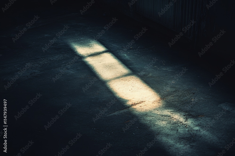 Poster soft rays of sunlight illuminate an empty, dark room with a textured floor during the early morning 