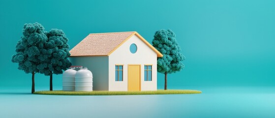 A whimsical, stylized house surrounded by trees with water tanks, set against a vibrant blue background, showcasing a modern, cute aesthetic.