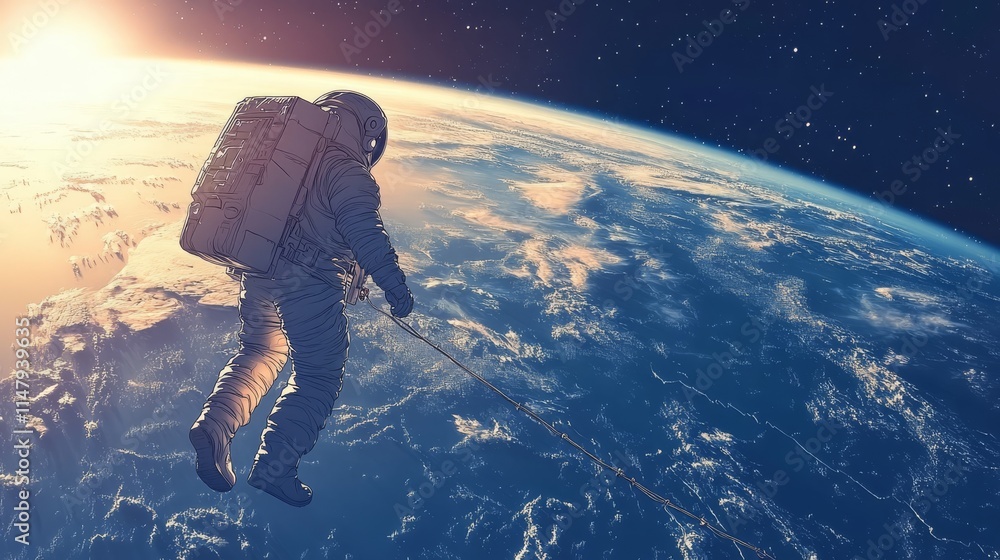 Poster astronaut in space performing a dynamic spacewalk with earth below