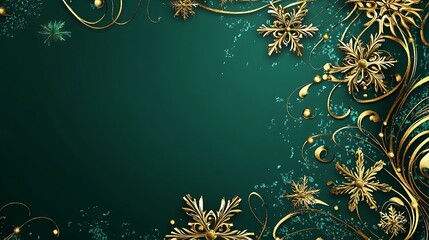 Elegant Christmas card design with art deco festive elements gold snowflakes and luxurious green background texture