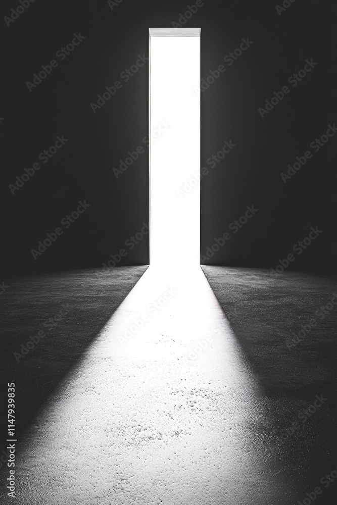 Poster a striking image of an open doorway with intense light creating dramatic shadows on the floor in a d