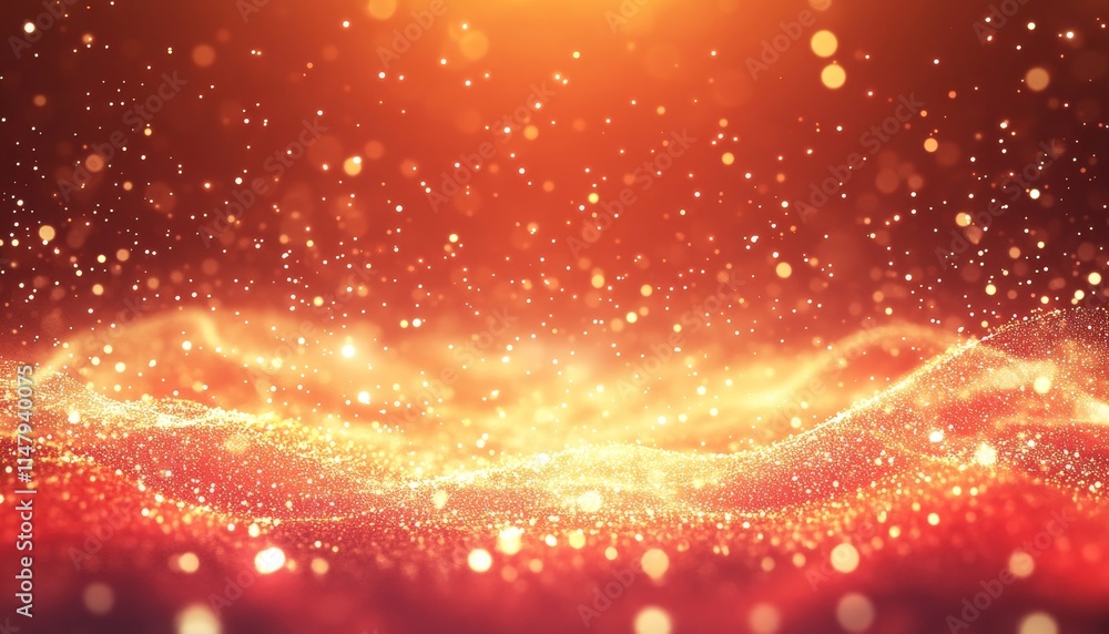 Poster Glowing Golden Particles Create a Mesmerizing Sparkling Effect Against a Vibrant Background in a Digital Artistic Representation