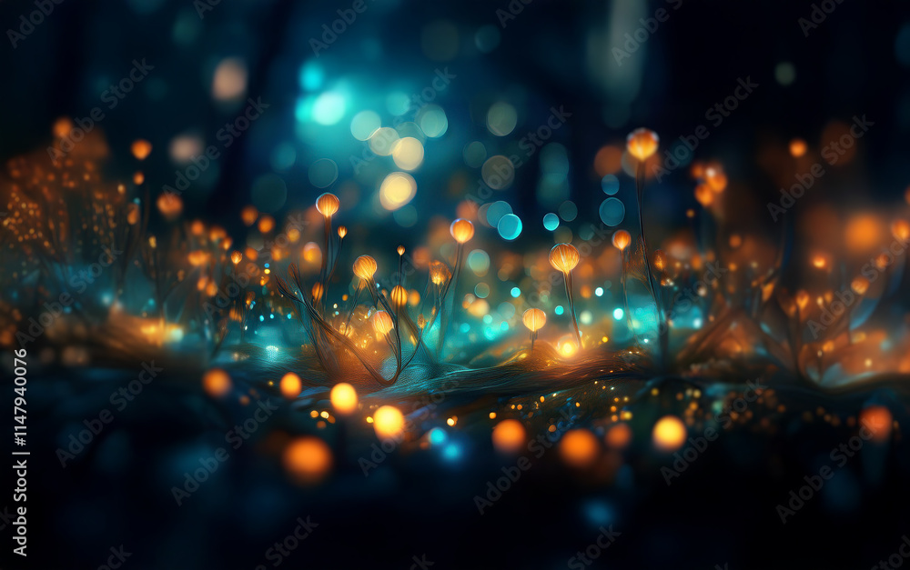 Poster a mystical forest scene with glowing orbs and abstract flora in a blue and orange light.