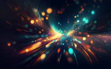 A dark background with abstract lines of light in orange, blue, and purple.