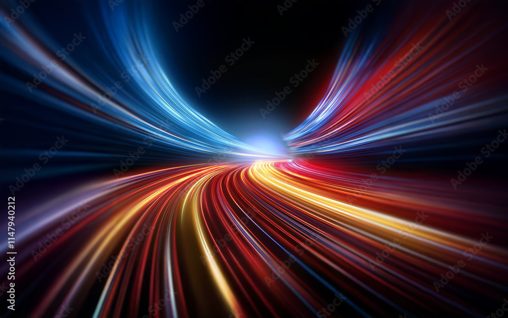 Aufkleber abstract, stylized depiction of a road with streaks of blue, red, and yellow light that create a dyn