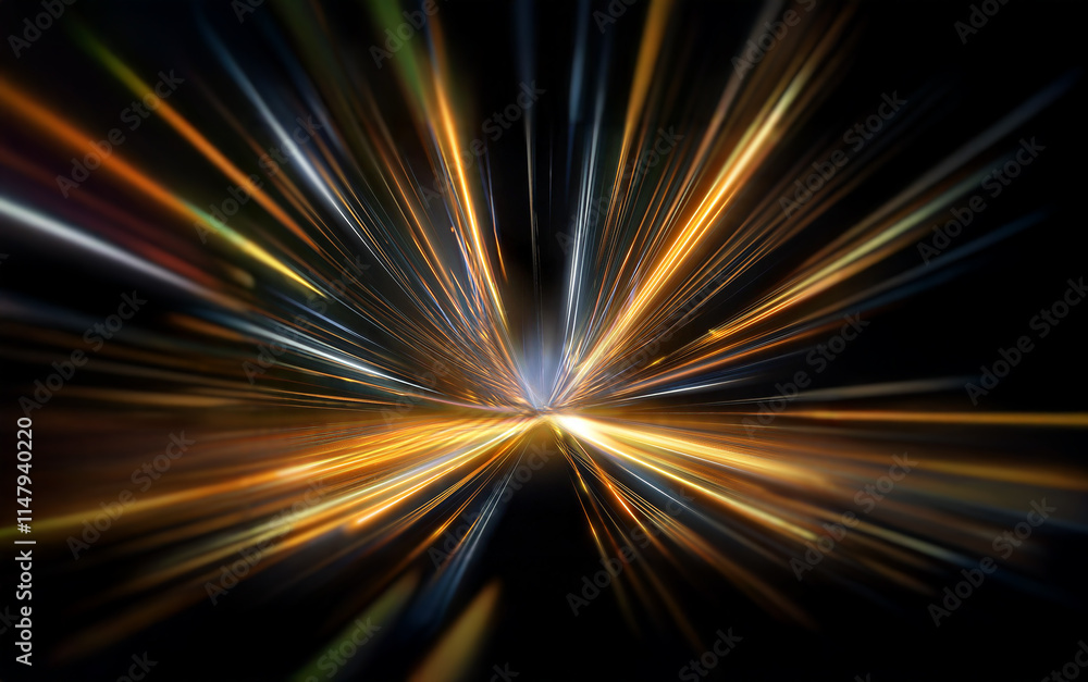 Poster abstract image of radiating light streaks on a dark background.