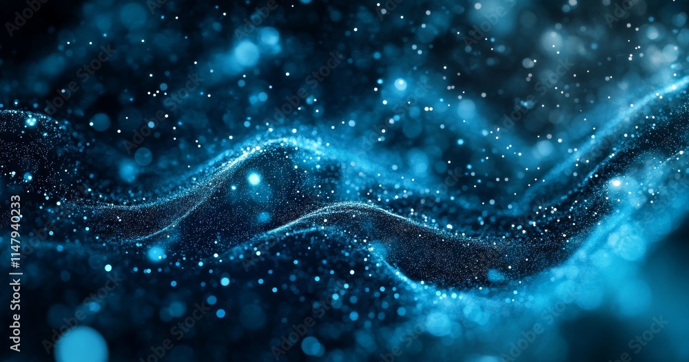 Poster dynamic blue abstract waves with glowing particles creating a mesmerizing visual effect in a dark ba