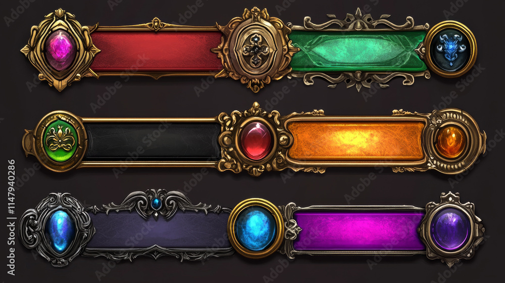 Poster medieval game buttons, user interface menu elements. oblong colorful ui banners with ornate rims and