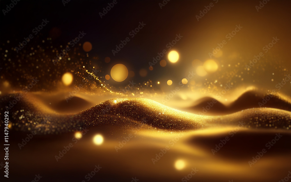Poster abstract background with golden waves and shimmering lights.
