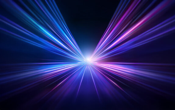 Abstract streaks of blue and purple light converge in the center of the image, creating a sense of motion and speed.
