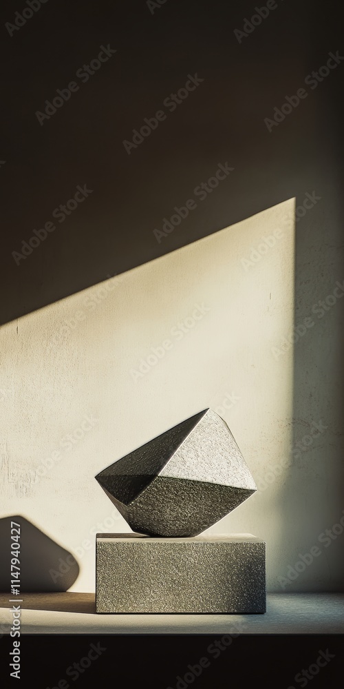 Poster a sculpture of a cube is sitting on a shelf. the cube is made of stone and is placed on top of anoth
