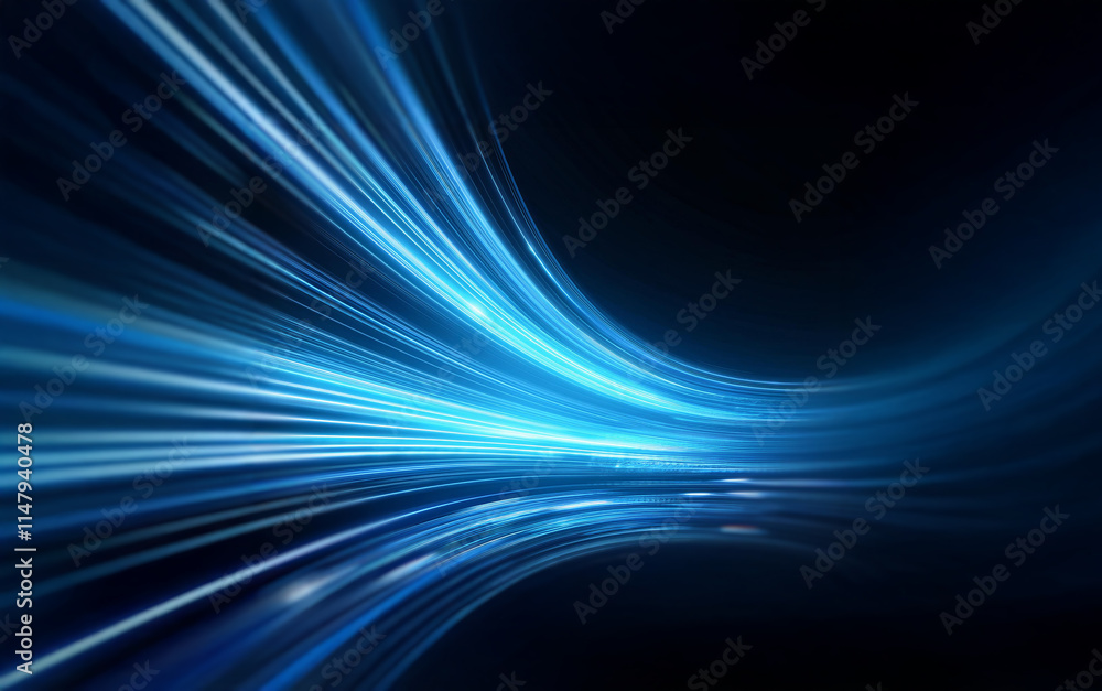 Fototapete abstract blue and white light streaks on a black background with a reflection creating a sense of sp