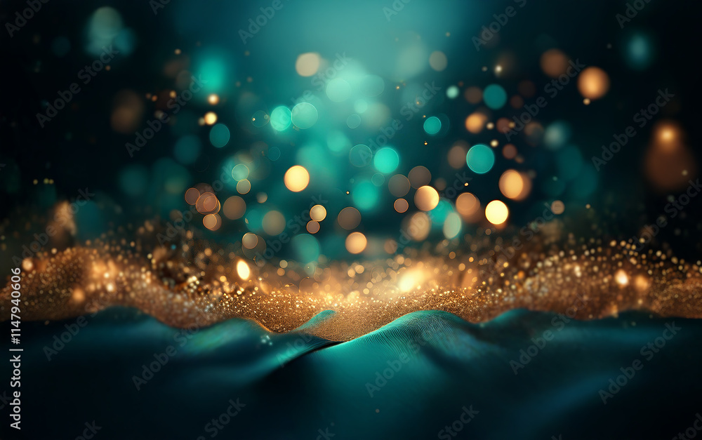 Poster a dark background with a teal, wavy surface, illuminated by sparkling golden particles and glowing, 