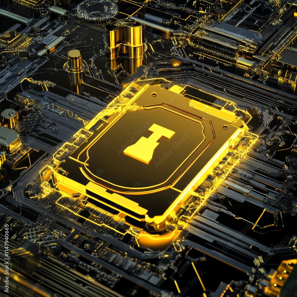 Aufkleber golden microchip design showcasing intricate circuitry and futuristic technology in a close-up view,