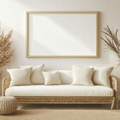 Horizontal 3x2 Frame Mockup Above Couch in Cozy Living Room