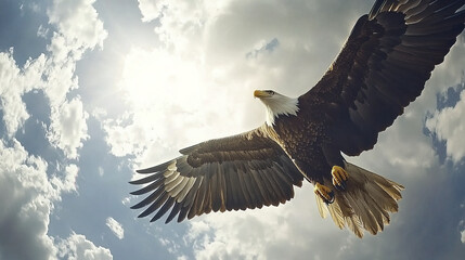 Naklejka premium Majestic bald eagle soaring through partly cloudy sky, showcasing freedom