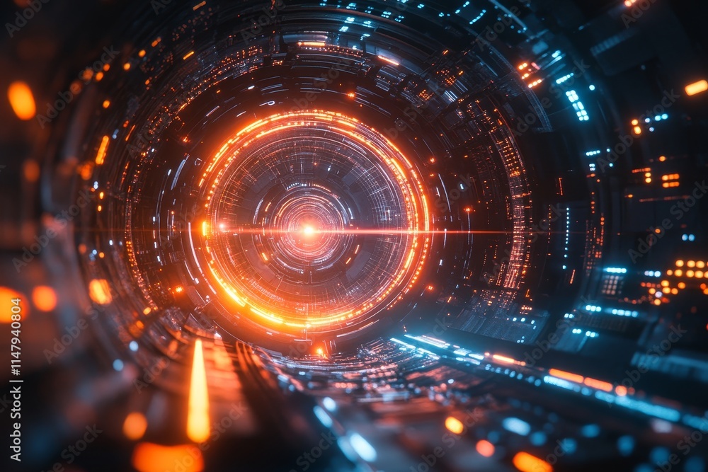 Poster futuristic digital tunnel with glowing lights and intricate patterns creating a dynamic visual exper