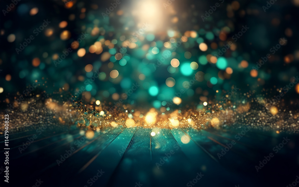 Poster A dark wooden surface is illuminated by a spotlight, creating a sparkling, bokeh effect with gold and green lights.