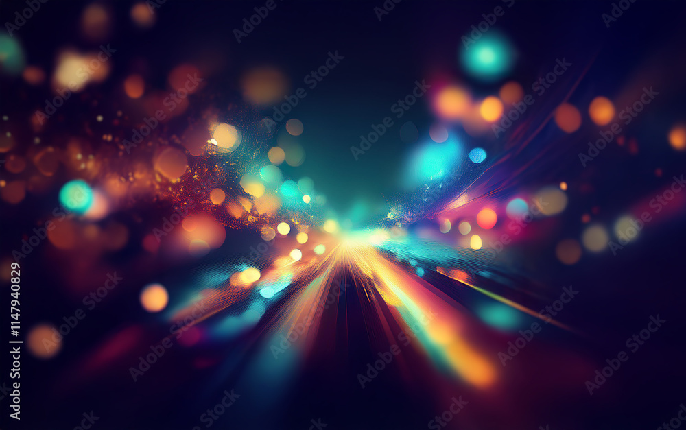 Aufkleber an abstract image of a city street at night with bright colorful lights and streaks of light blurrin