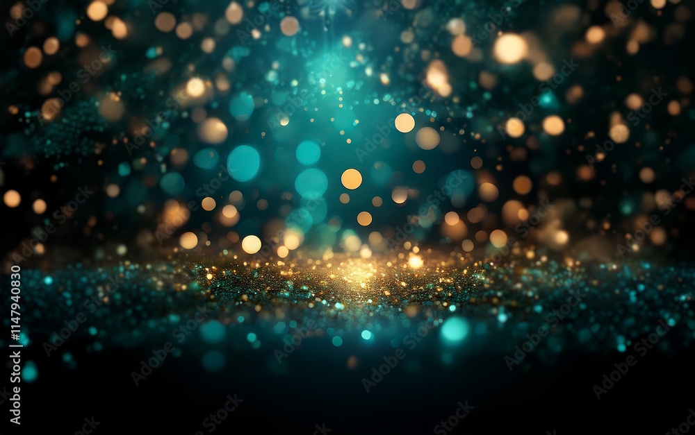 Aufkleber A dark background with a layer of gold glitter sparkles and an out-of-focus  layer of blue and gold bokeh.