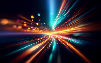 A futuristic abstract image featuring a blurred road surrounded by colorful streaks of light.