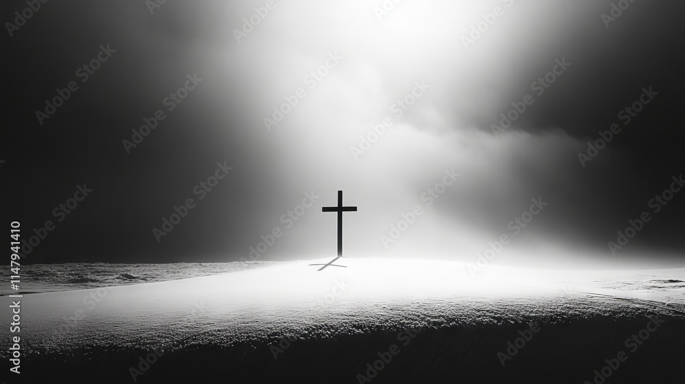 Poster a cross is standing in the middle of a field. the sky is cloudy and the sun is shining through the c