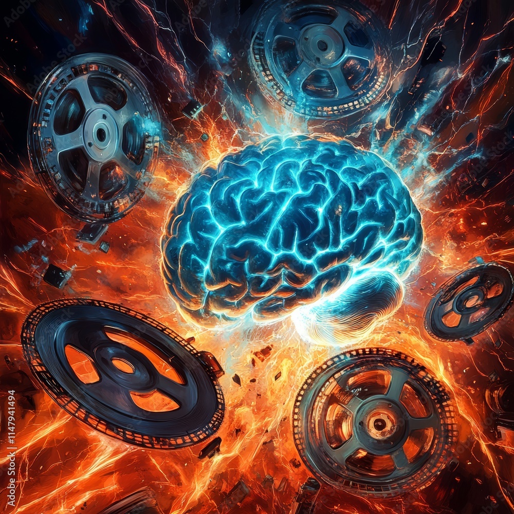 Poster exploring the intersection of creativity and technology with a vibrant depiction of a brain surround