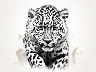 Close-up monochrome portrait of a powerful leopard, intense gaze, subtle paint splatter background.