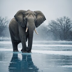 An elephant walking across a frozen blue river under a pale white sky.